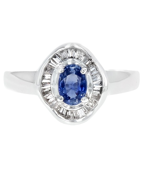 Blue Sapphire and Diamond Halo Ring in White Gold